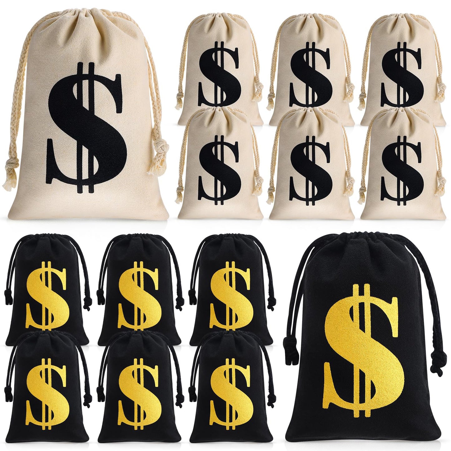 Shihanee 24 Pcs 9 x 6.3 Inch Canvas Money Bag with Drawstring Closure Costume Money Bag Pouch Dollar Sign Carrying Sack Prop for Party favor Bank Robber Pirate Cowboy Cosplay Theme Party (Beige,Black)