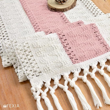 FEXIA Boho Table Runner Summer Home Decor with Tassels 72 Inches Long Pink Farmhouse Rustic Table Runner Burlap Centerpieces for Tables Decoration for Living Room (12x72 Inches)