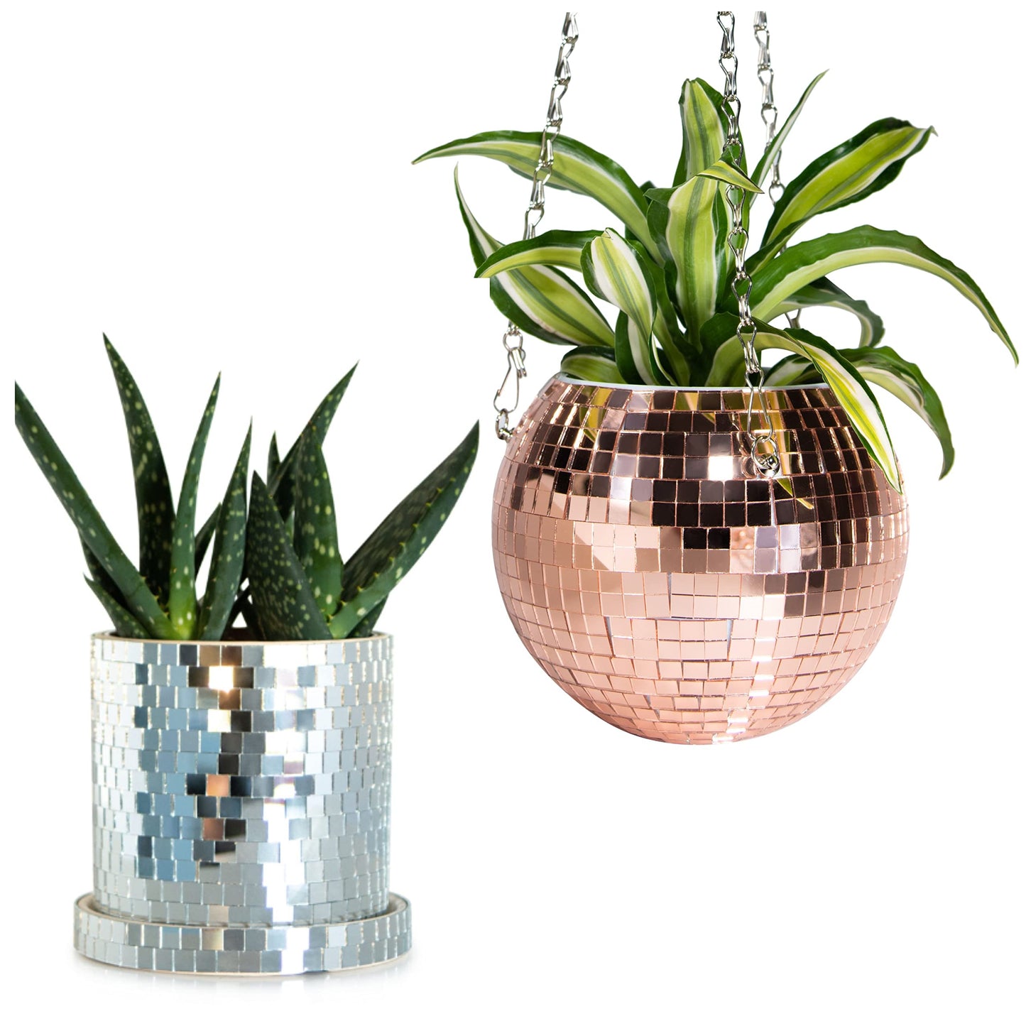 SCANDINORDICA Disco Ball Planter 6" Rose Gold with Chain and Macrame Hanger and Disco Ball Planter Pot 4.3" with Saucer (0.3x0.3 mirror tiles)