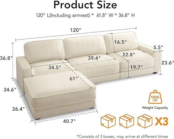 Vipbear 120" Oversized Modular Sectional Sofa, L Shaped Couch Set