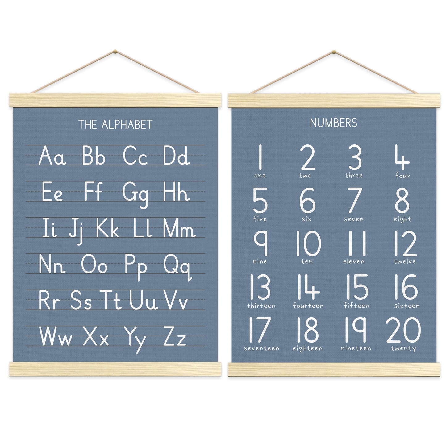 Numbers Alphabet Poster for Toddlers,Educational Wall Chart for Nursery Kids Learning, Homeschool & Playroom Decor and Bedroom for Wooden Hanger Frame Set of 2, 12x18 Inch - A03