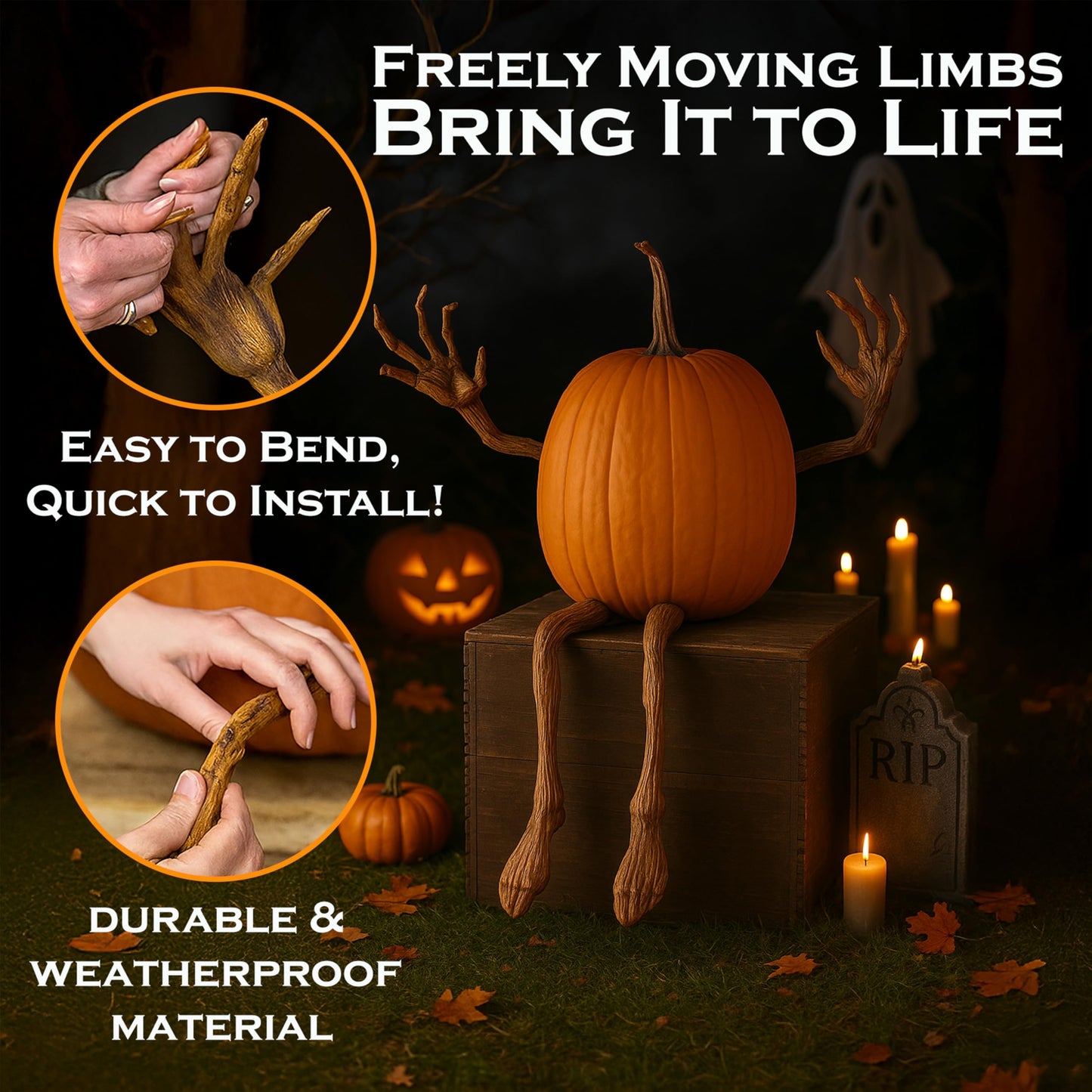 Plow & Hearth Set of 4 Bendable Pumpkin Arms and Legs | Twisting Vines for Halloween Pumpkin Carving DIY Crafts for Kids | Includes 2 arms and 2 Legs | Outdoor & Indoor Halloween Decorations