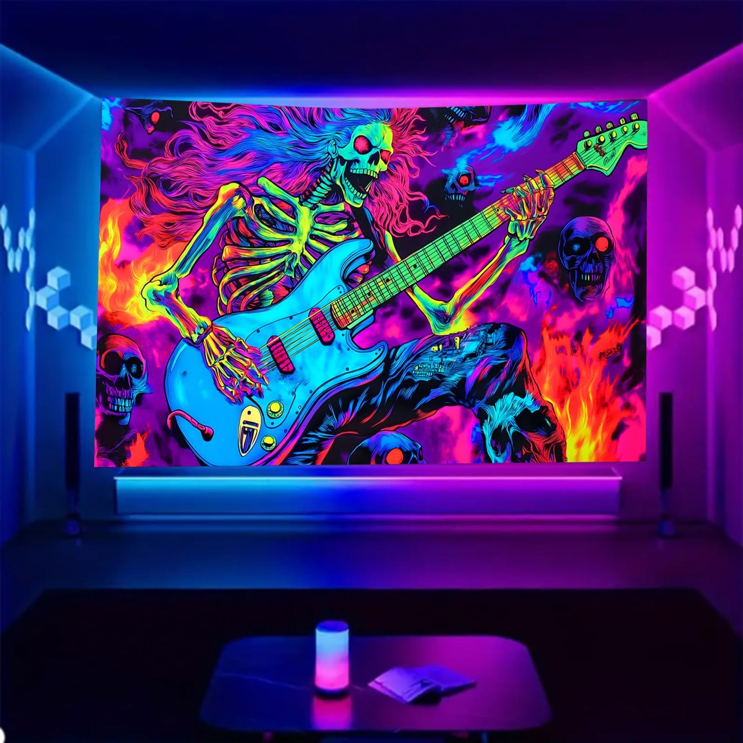 BSFHH Black Light Tapestry – UV Reactive Glow in the Dark Wall Hanging, Spooky Night Scene with Ghosts & Pumpkins, Haunting Home Decor for Parties, Bedroom, or Dorm (Guitar, 79L x 59W, Unframed)