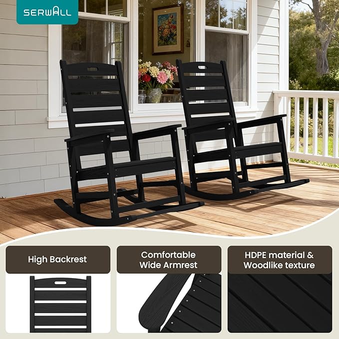 SERWALL Outdoor Rocking Chair Set of 4, Oversized HDPE Patio Rocking Chair