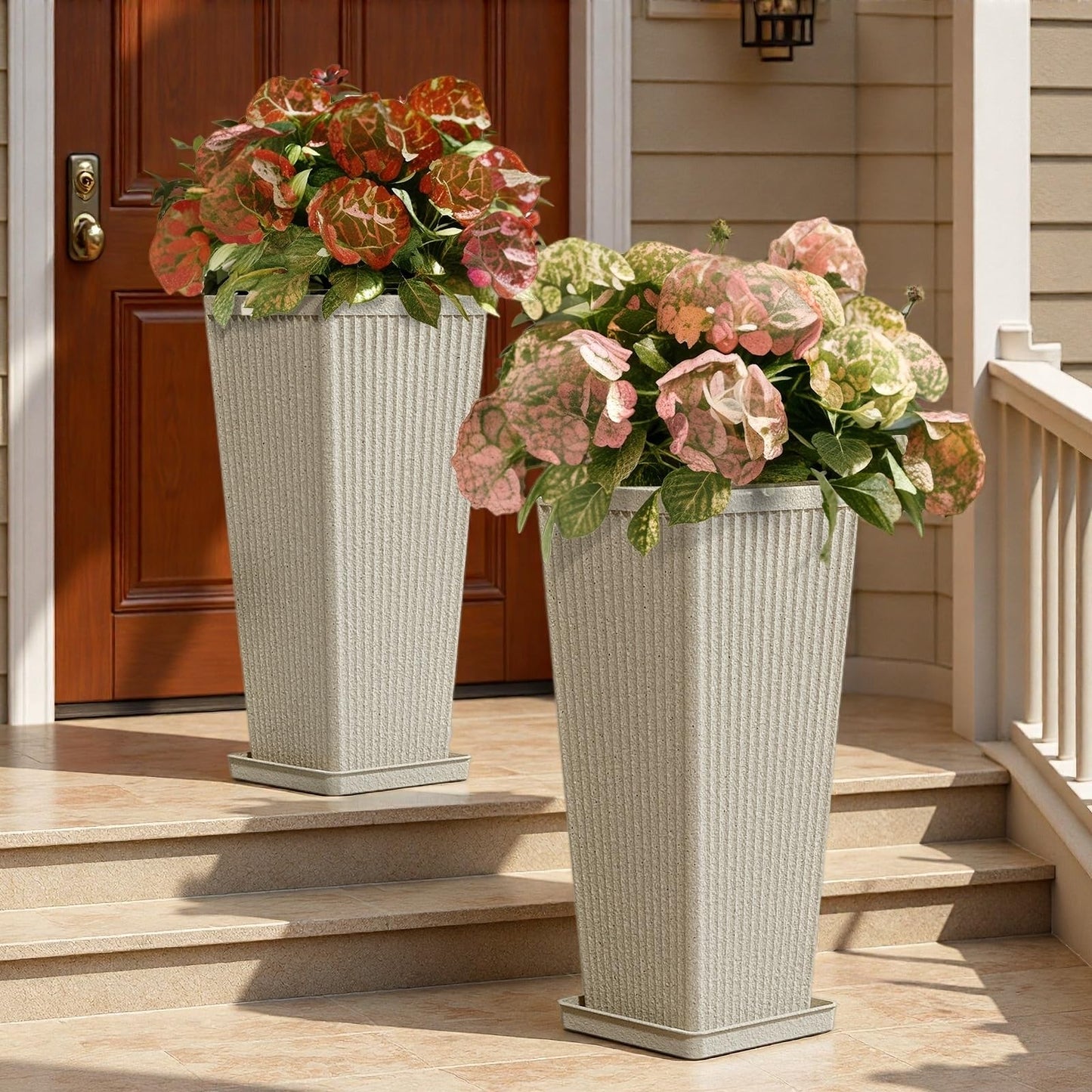 Diyfire Front Porch Planters Outdoor Set of 2, 24" Tall Plastic Planters for Outdoor Plants with Drainage, Extra Large Outdoor Planter Pots, Tapered Tall Planters for Front Door & Indoor Plants, Beige