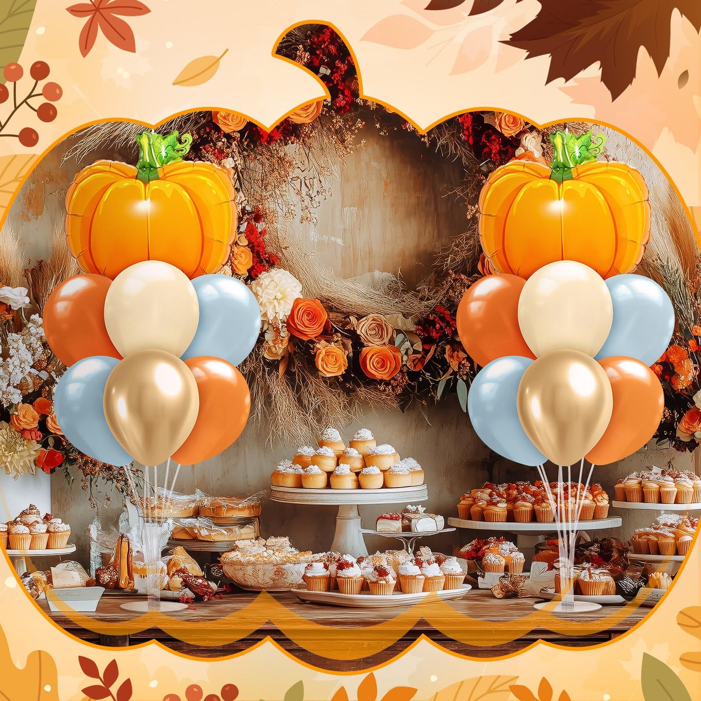Seematn 2 Set Fall Balloon, Pumpkin Foil Balloons Stand Kit for Table Centerpiece for Baby Shower Thanksgiving Mid Autumn Birthday Wedding Party Decoration Beige, Gold, Burnt Orange, Blue