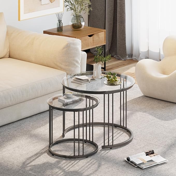 Garden 4 you Nesting Coffee Table, 23.6" Round Coffee Table Set of 2, Glass