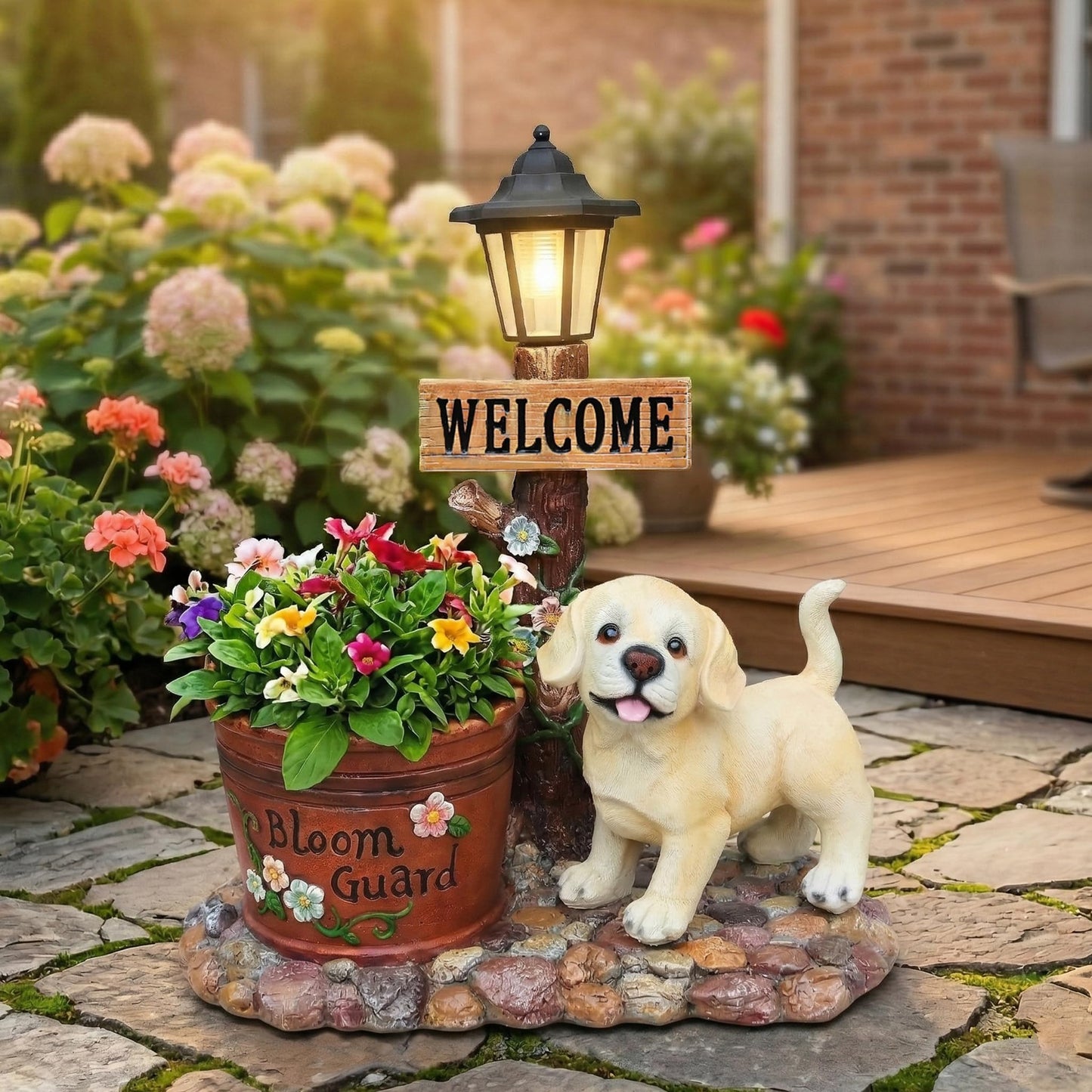 UNOIRNM Labrador Puppy Outdoor Garden Statue - with Solar Lantern and Bloom Guard Planter, Extra Large 20.9" Welcome Dog Figurine for Patio, 11 lbs Heavy Duty Resin Decor, 18.9" Length Flower Pot
