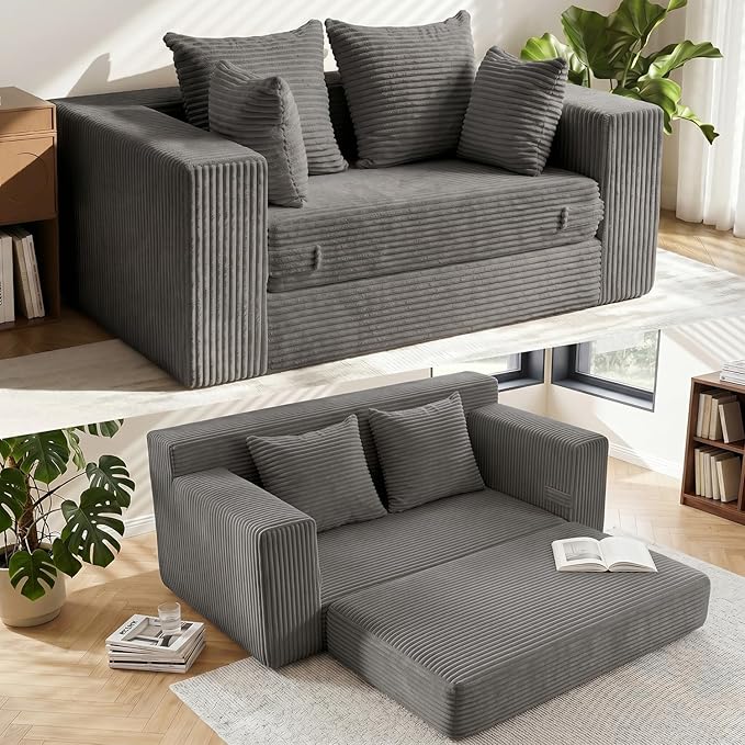 Convertible 5 in 1 Futon Sofa Bed Full Size, Corduroy Boneless Couch Sleeper