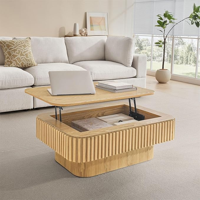 Lift Top Coffee Table for Living Room, Rectangle Handmade Solid Wood Strips