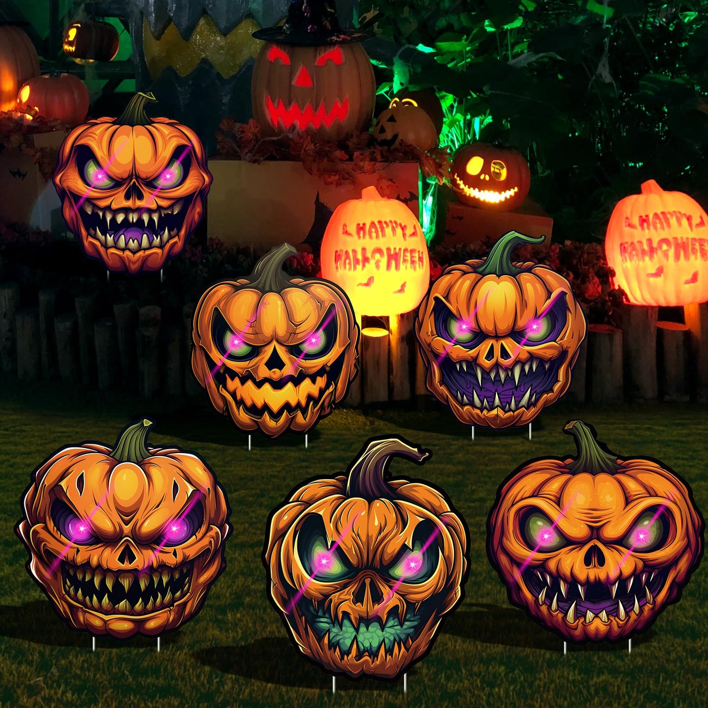 6 Pack Pumpkin Halloween Decorations Plastic Yard Signs with Stakes,Halloween Decorations Outdoor, Scary Silhouette with Glow in Dark Eyes for Outdoor Yard Lawn Garden