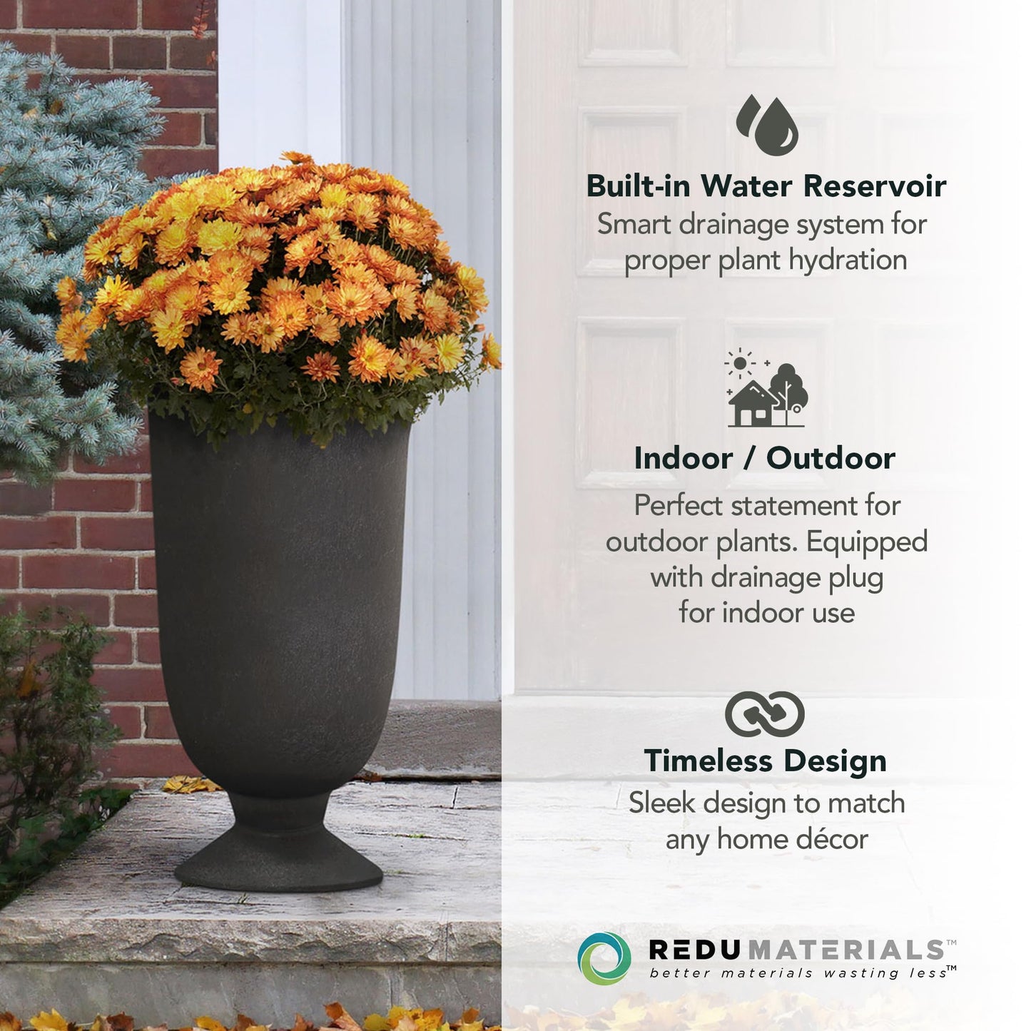 Tierra Verde Indoor & Outdoor Self-Watering Urn Planter, Cadence, 14" x 23", Black - Planting Containers for Plants and Flowers - Gardening and Landscaping Accessories