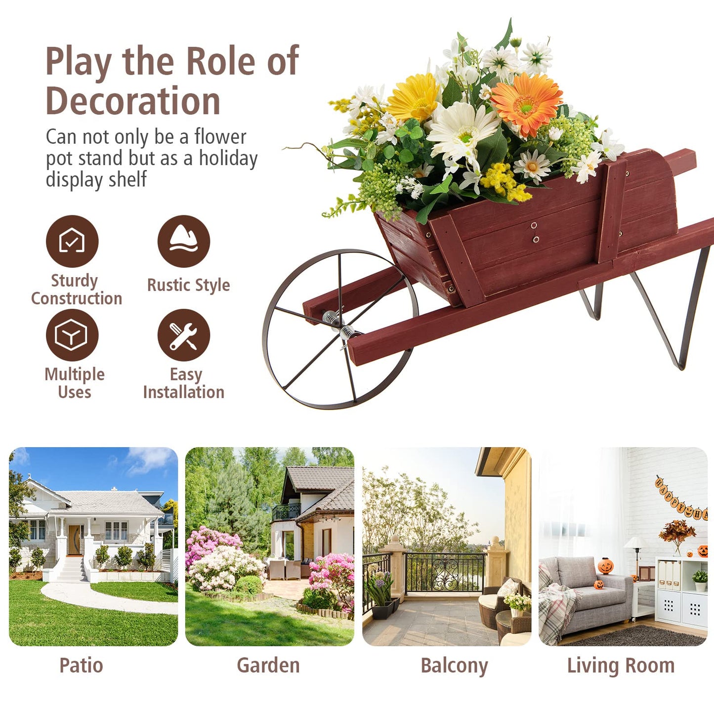 TANGZON Wheelbarrow Planter, Wooden Garden Wagon Planter Cart with 9 Magnetic Accessories, Wheel, 2 Handle, Outdoor Rustic Pine Wood Decorative Raised Plant Pot Stand for Patio Balcony (Reddish Brown)