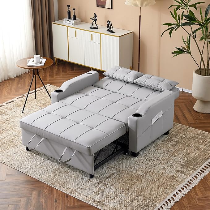 VINGLI Light Grey Futon Sofa Bed Convertible Loveseat Sleeper Couch, Faux