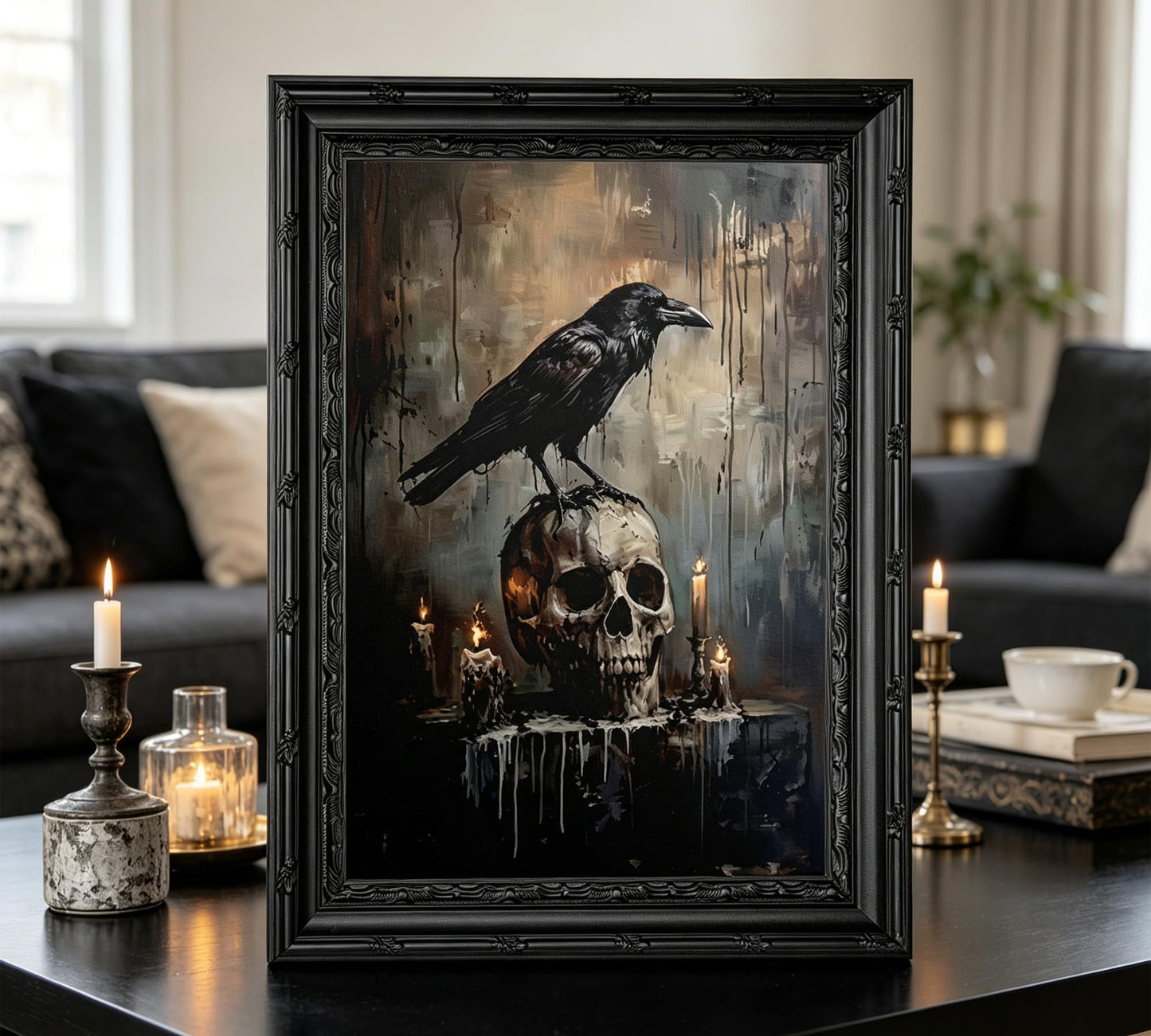 Gothic Crow & Skull Wall Art, Dark Academia Raven Perched on Skull Framed Canvas Wall Decor, Macabre Halloween Art for Home, Living Room, Bedroom, 9x11 Inch