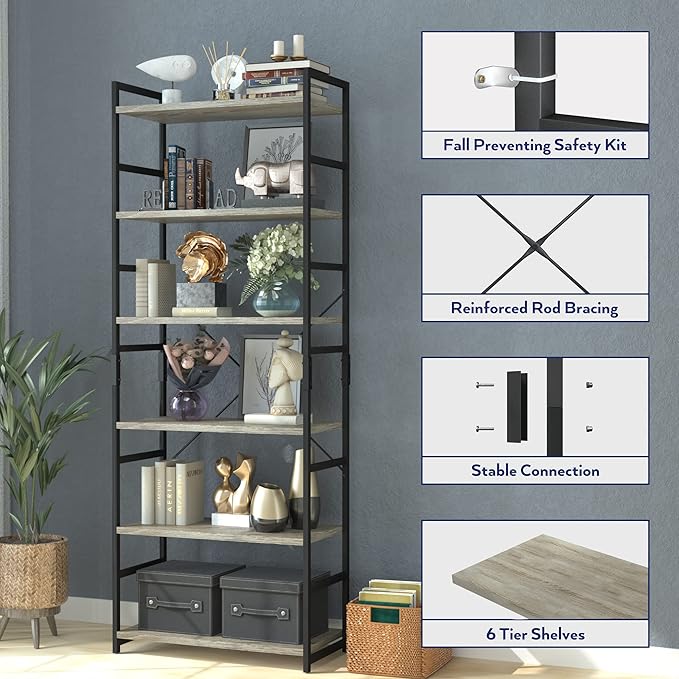 NUMENN 6 Tier Bookshelf, Tall Bookcase Shelf Storage Organizer, Modern Book