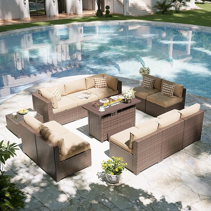 Aoxun Patio Furniture Set with Fire Pit Table, 12 Piece Outdoor Sectional Sofas