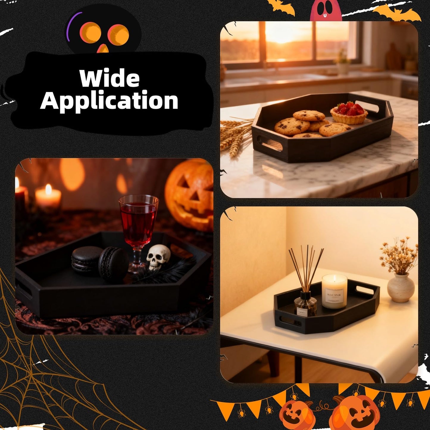 Halloween Coffin Tray, Gothic Coffin Shape Serving Board with Built-in Handles, Black Halloween Spooky Decor, Creepy Wooden Serving Tray for Candy, Snacks, Charcuterie, Jewelry, Makeup
