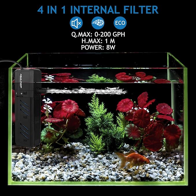 Submersible Aquarium Internal Filter 8W, Adjustable Fish Tank Filter with 200 GPH Water Pump for 10-50 Gallon Fish Tank Black