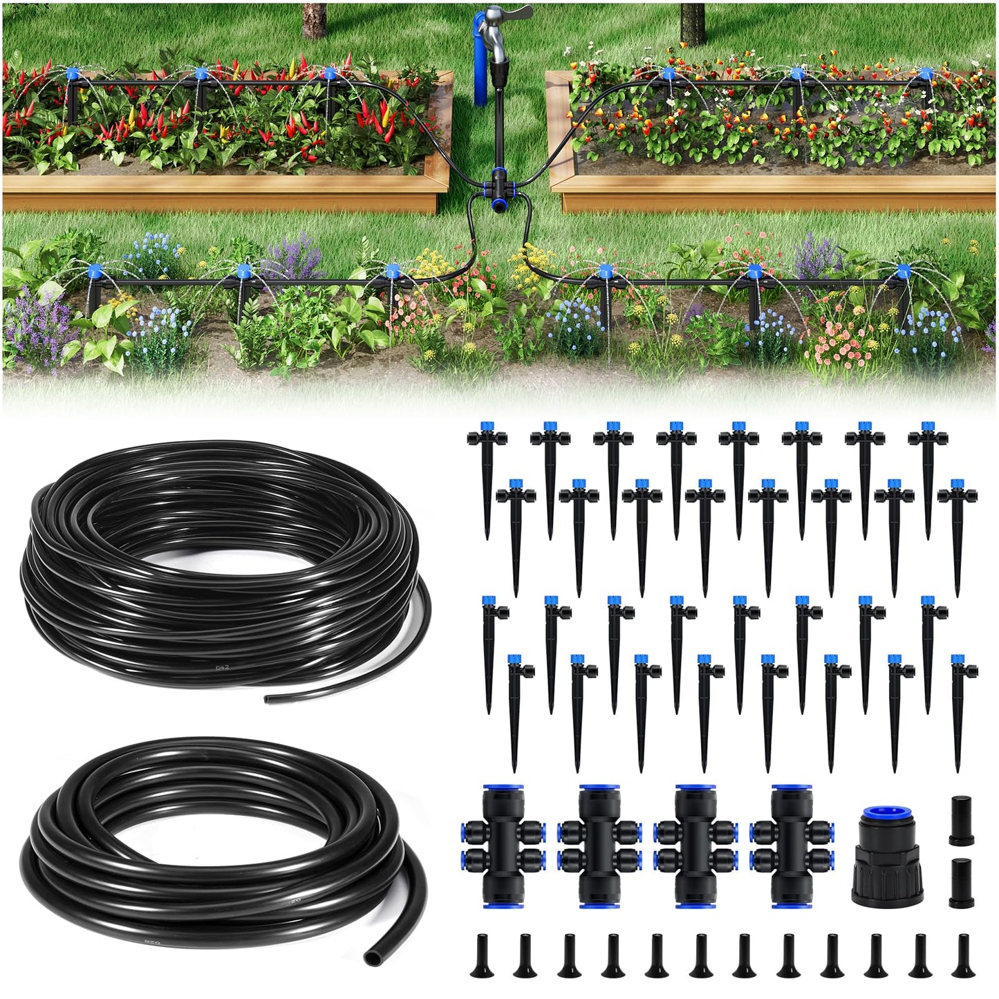 HIRALIY 200FT Garden Watering System, Drip Irrigation Kits for Plants, New Quick Connector, Blank Distribution Tubing, Saving Water Automatic Irrigation Equipment for Patio Lawn
