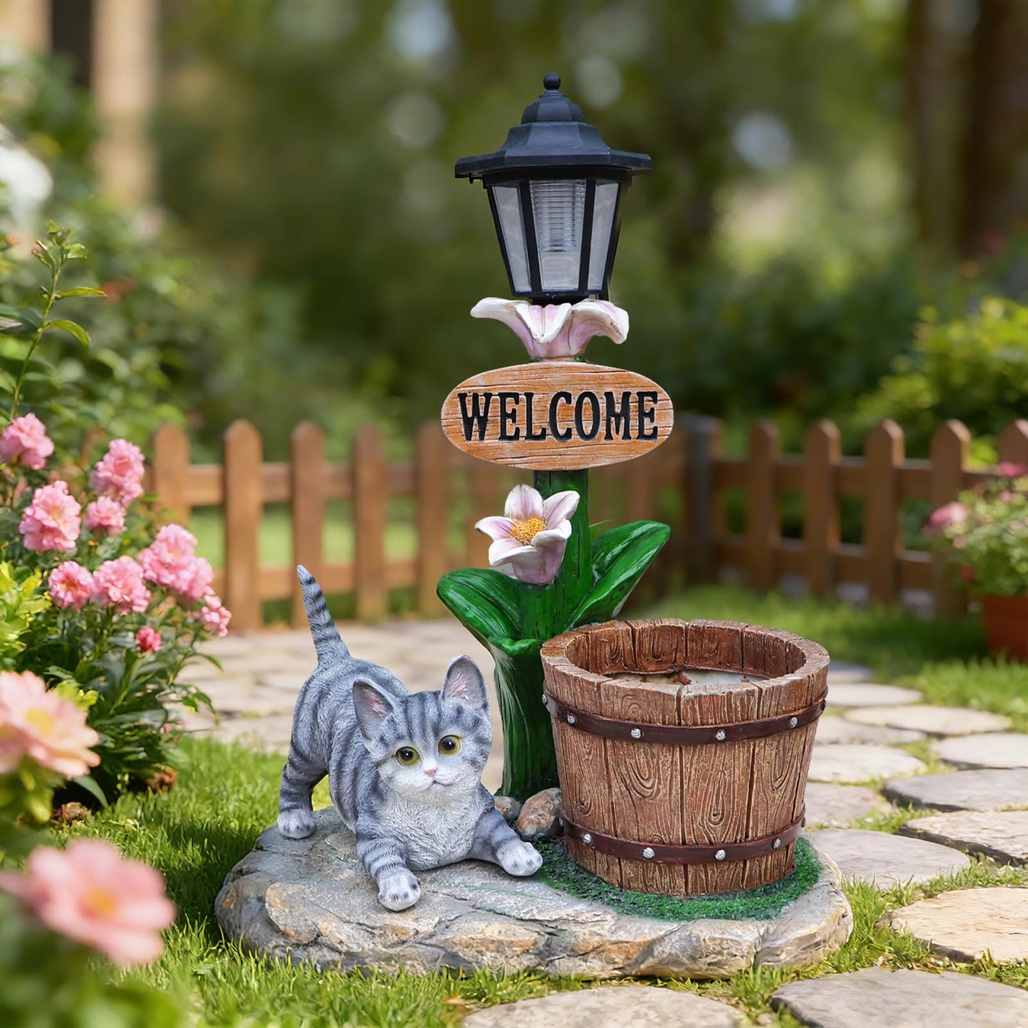 UNOIRNM Gray Tabby Cat Garden Statue - with Solar Lantern and Wooden Pail Planter, 20" Tall Outdoor Resin Welcome Cat Figurine for Patio Decor, 9.2 lbs Large Animal Sculpture, 15.4" Length