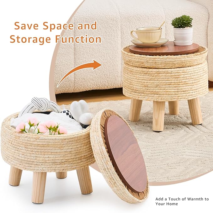 Cpintltr Storage Ottoman Poufs Handwoven Footstool Natural Seagrass Round
