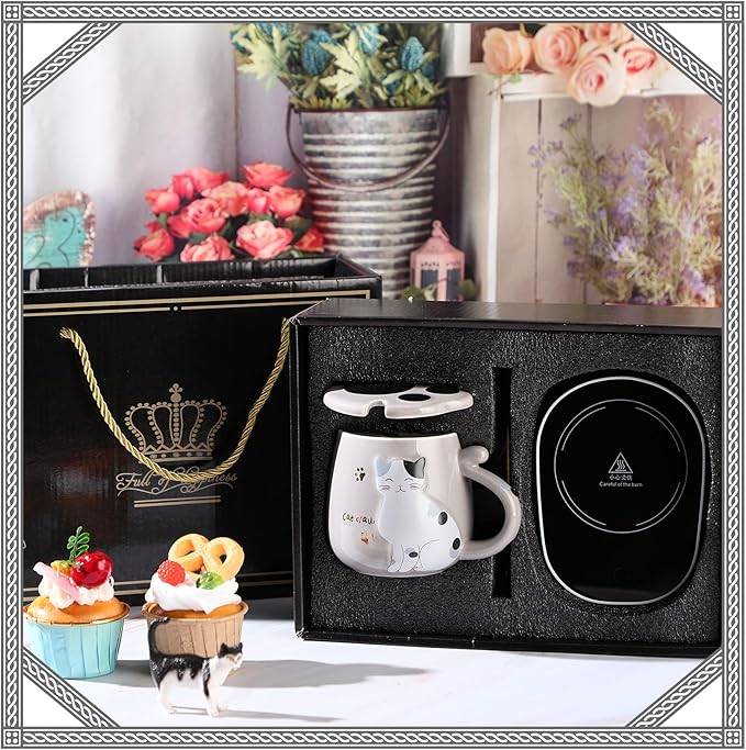 Honeydak Coffee Mug Warmer Cute Cat Mug Set Cup Warmer for Women Heated Coffee Warmers for Mom Home Office Desk Valentine's Day Anniversary Birthday Gifts(Cat,Gray)