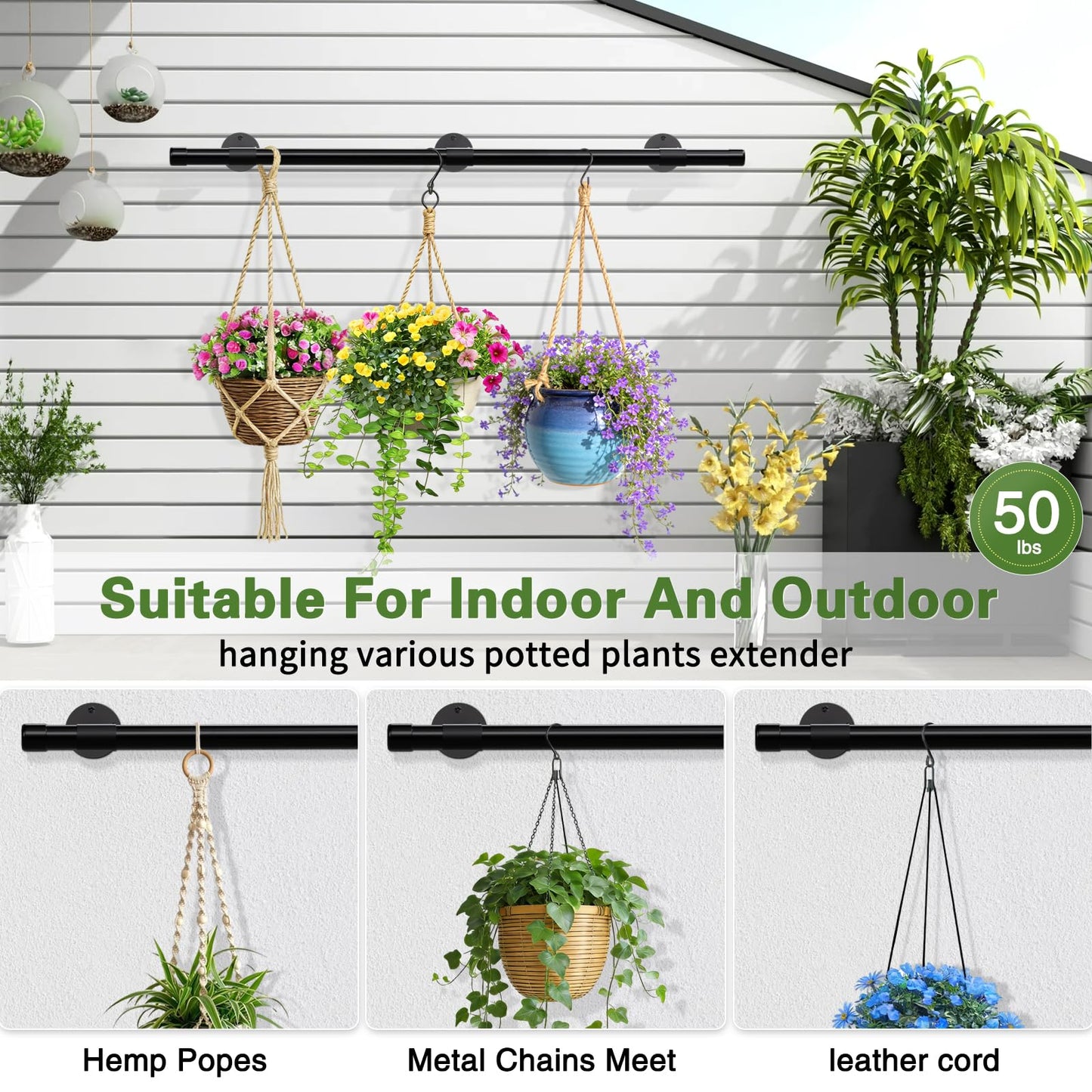 SUTINE Plant Hanging Rod, 62 Inch Plant Hanger Indoor for Window Ceiling, Heavy Duty Hanging Planters for Indoor Plants, Black Wall Plants Holder, Window Plants Shelves Pot/Chain/Plant Not Included