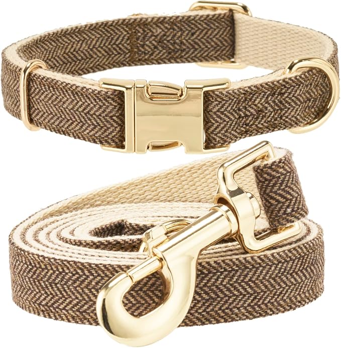Luxury Soft Cotton Tweed Fabric Dog Collar & Leash Set with Gold Buckle – Durable Fabric, Stylish Design for Everyday Walks(Medium Coffee)