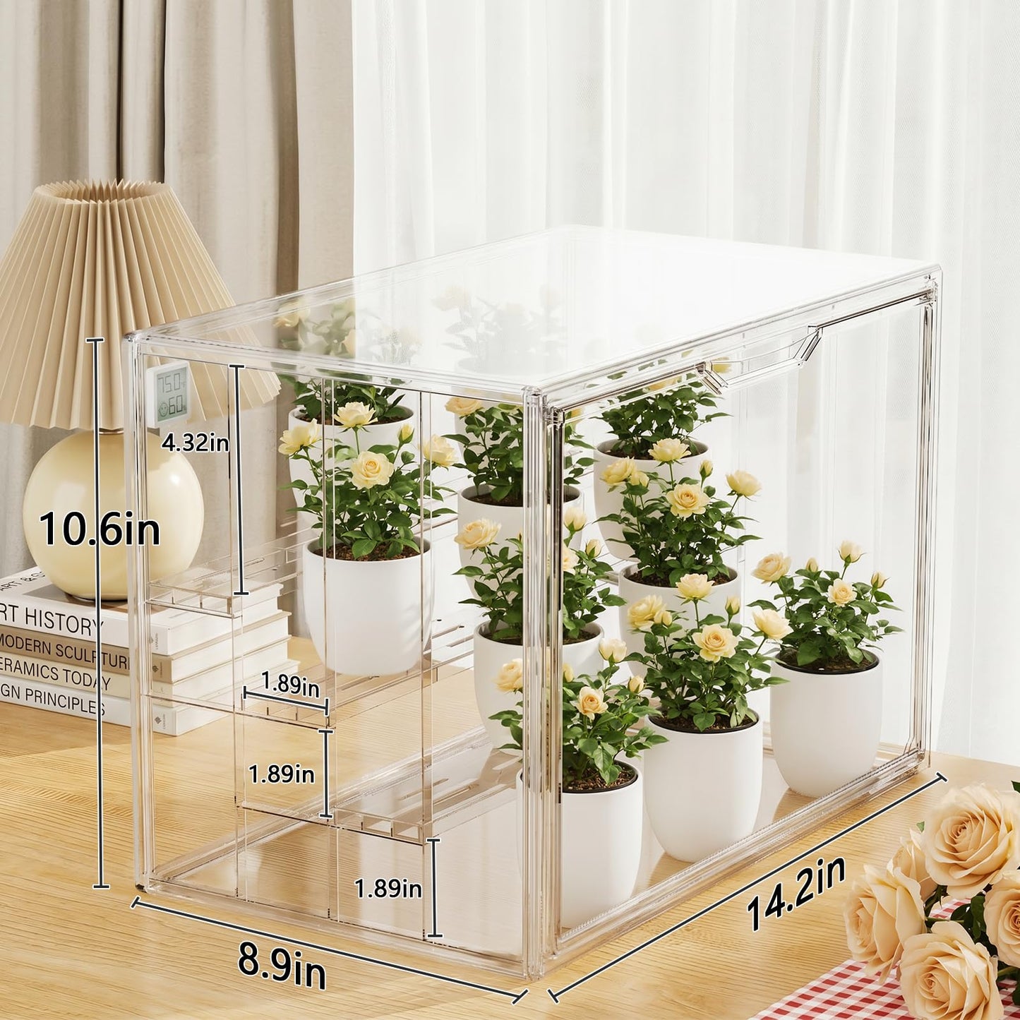 Clear Mini Indoor Greenhouse, Small Tabletop Portable Green House with Magnetic Door, Grow Light and Hygrometer, Stackable (Plants and Pots are not Included)