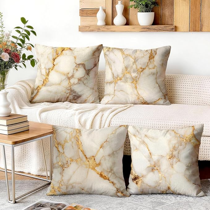 OBSEDE Gold Foil Marble Decorative Throw Pillow Covers 18 × 18 in, Couch