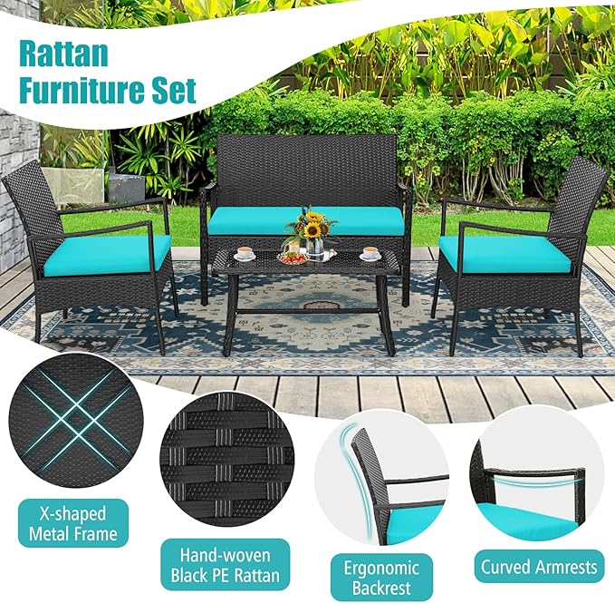 Tangkula 4 Pieces Rattan Conversation Set, Patio Sofa Couch Set