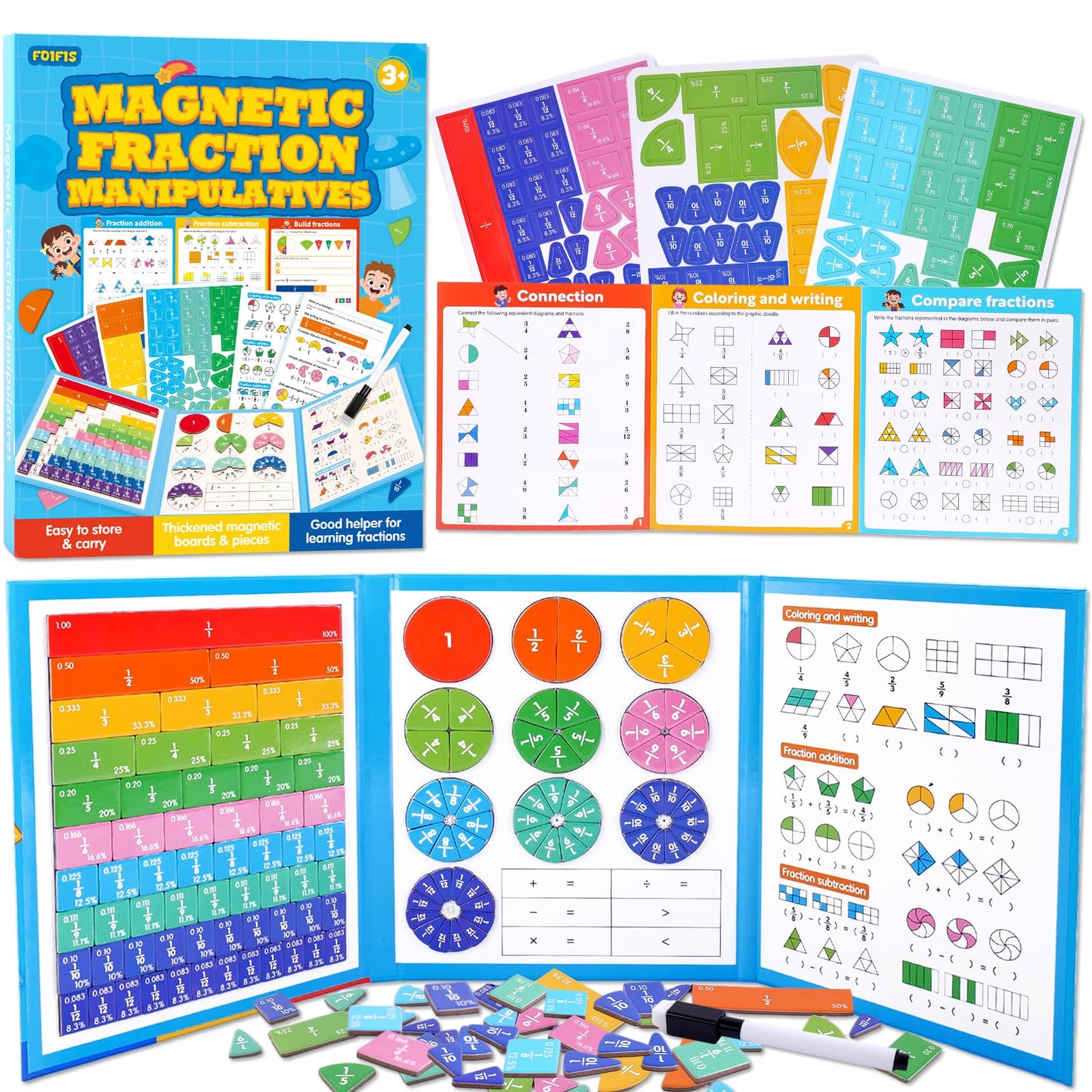 Magnetic Fraction Educational Puzzle, Magnetic Fraction Demonstration Book, Fraction Tiles & Circles, Montessori Math Manipulatives for Elementary School, Fraction Learning Toys for Kids