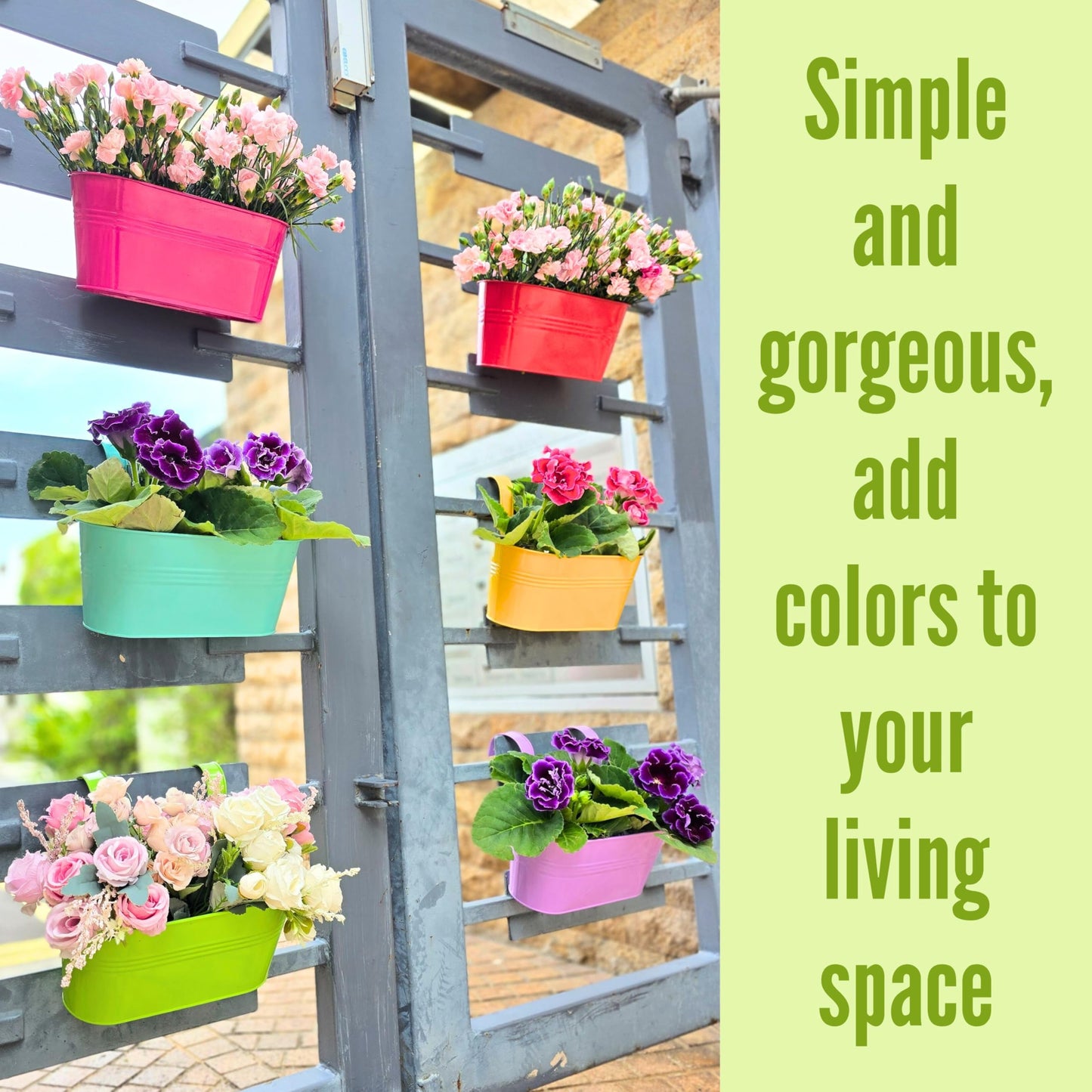 LaLaGreen Outdoor Hanging Planter (11.2 Inch, 6 Pack) Light Purple, Green, Yellow, Cadet Blue, Dark Pink, Red Metal Iron Window Box Flower Pot Deck Railings Balcony Fence Rail Porch Home Garden Decor