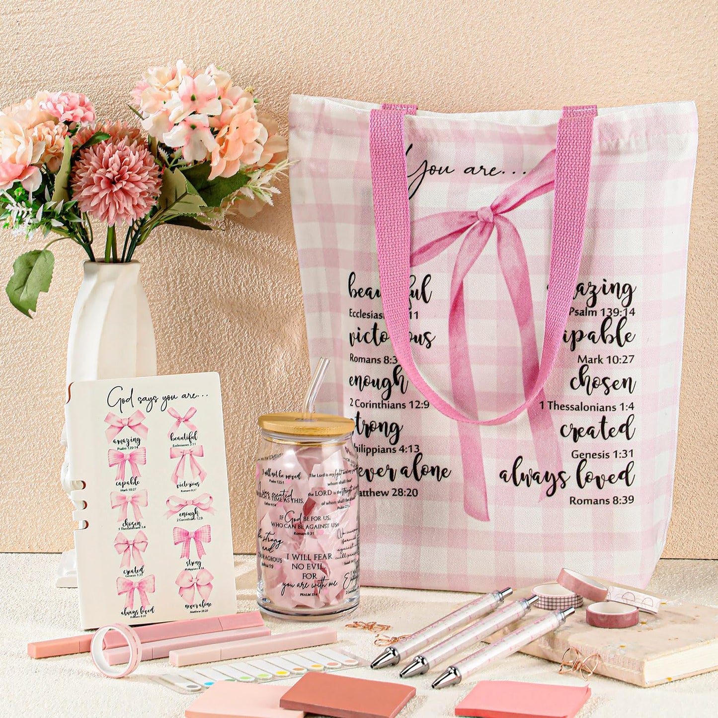 Singhoow 29 Pcs Bible Journaling Supplies Kit 16 oz Glass Cup Pink Bag Pink Bows Leather Notebook Highlighters Pens Sticky Note Tapes Bible Study Supplies for Women Sunday School Teacher