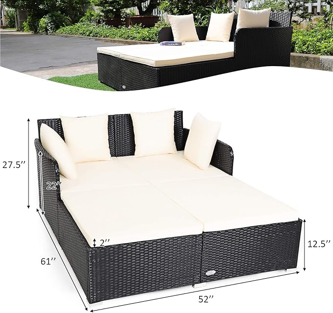 COSTWAY Outdoor Patio Rattan Daybed, Sponge Cushioned Loveseat Sofa