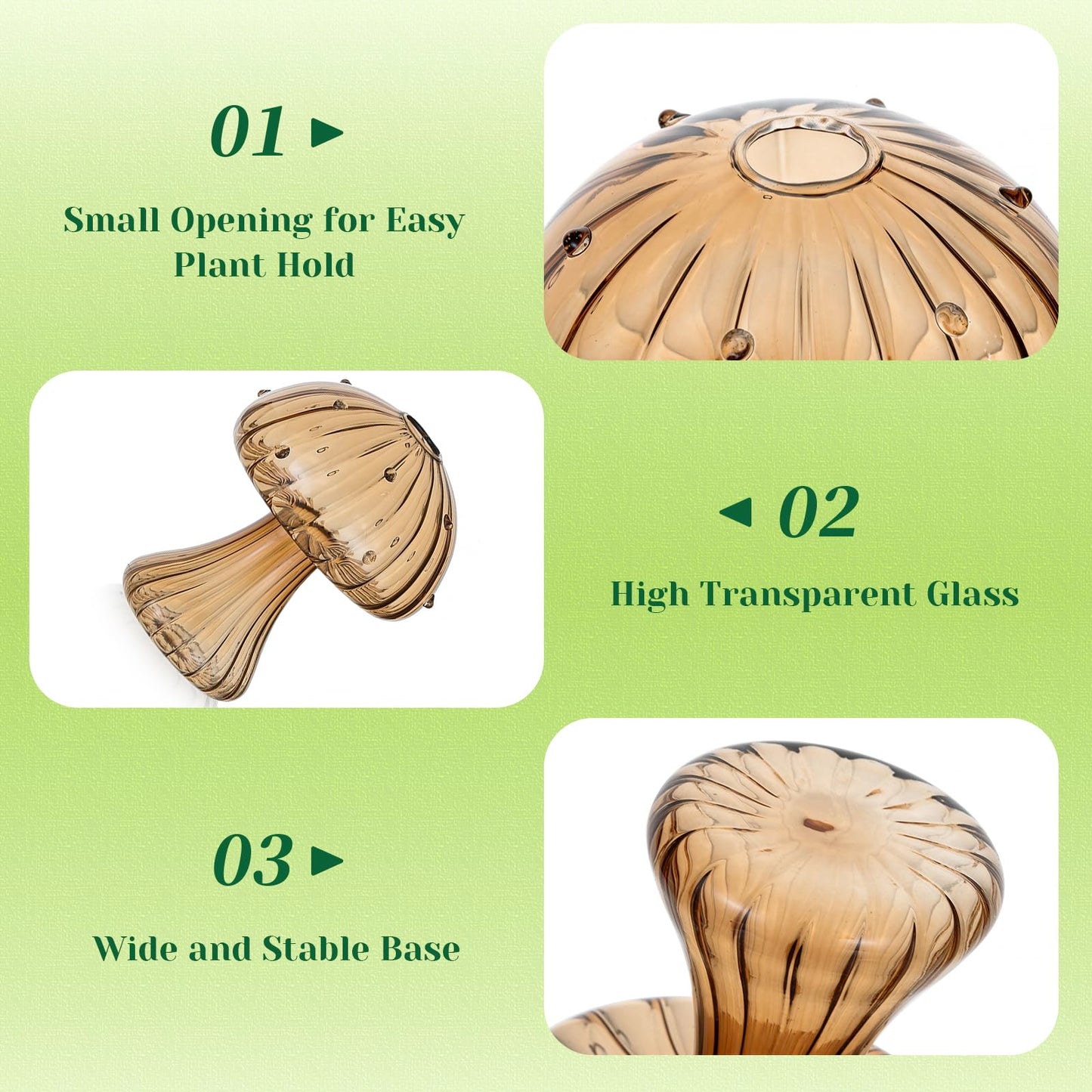 Hewory Glass Mushroom Propagation Stations: Set of 5 Unique Propagation Jars Glass Planter for Indoor Plants Home Decor - Amber Mushroom Vase Christmas Birthday Gifts for Plant Lovers Women Girls