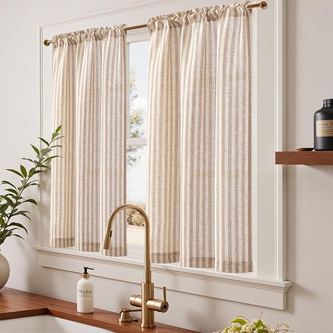 jinchan Striped Linen Kitchen Curtains 45 Inches Length Tier Curtains Farmhouse Modern Cafe Style Small Window Treatments Airy Light Filtering Rod Pocket for Living Room Bathroom 2 Panels Tan