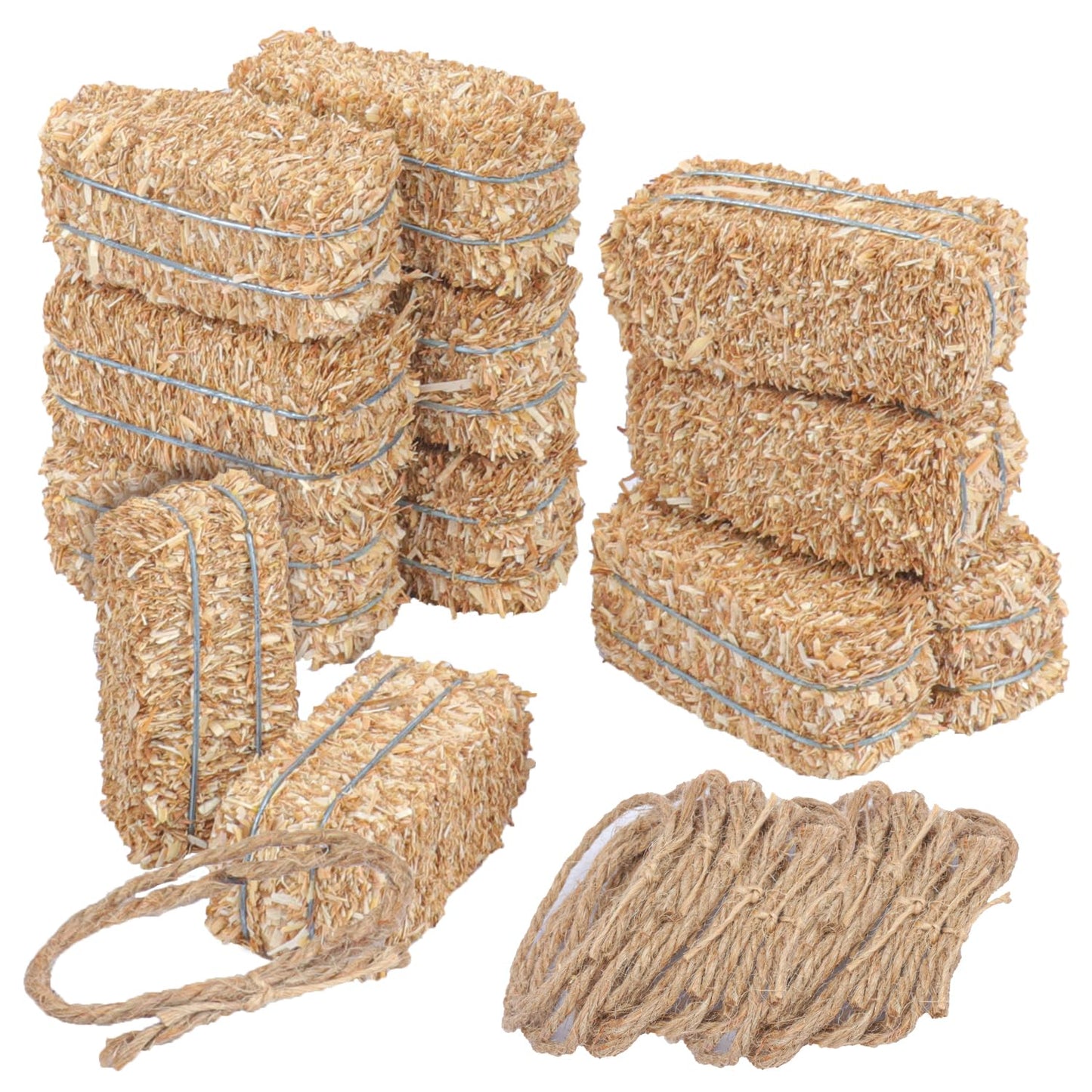 Yiksonyo 12 PCS Mini Decorative Hay Bales & 12 PCS Twisted Hemp Rope, Perfect for Table Centerpieces, Fall & Halloween Crafts, and Rustic Decor