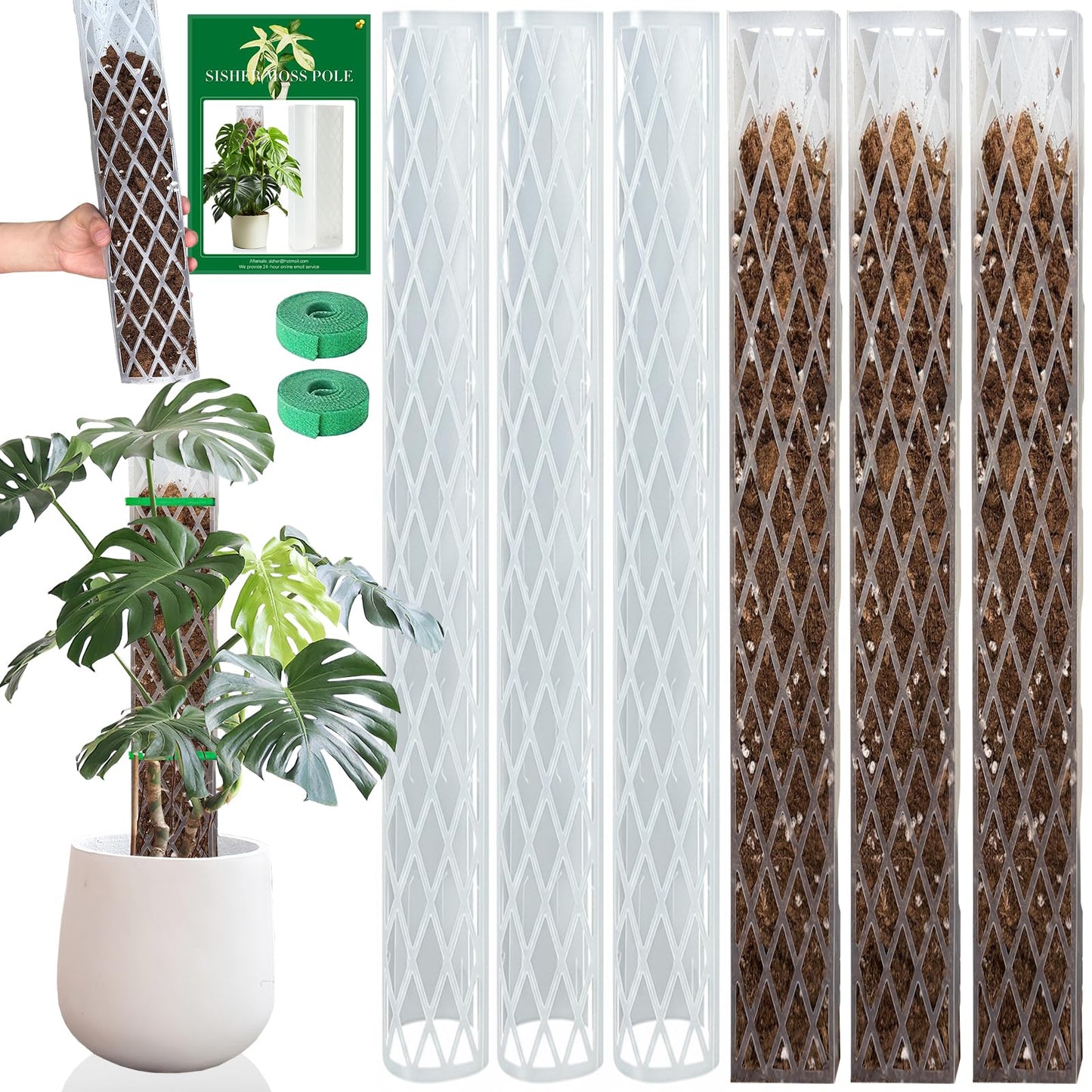 Sisher 6 Pcs Monstera Moss Pole,Plastic Moss Poles for Climbing Plants Work with Sphagnum Moss,6×16'' Plant Support for Indoor Plants,Garden Ties