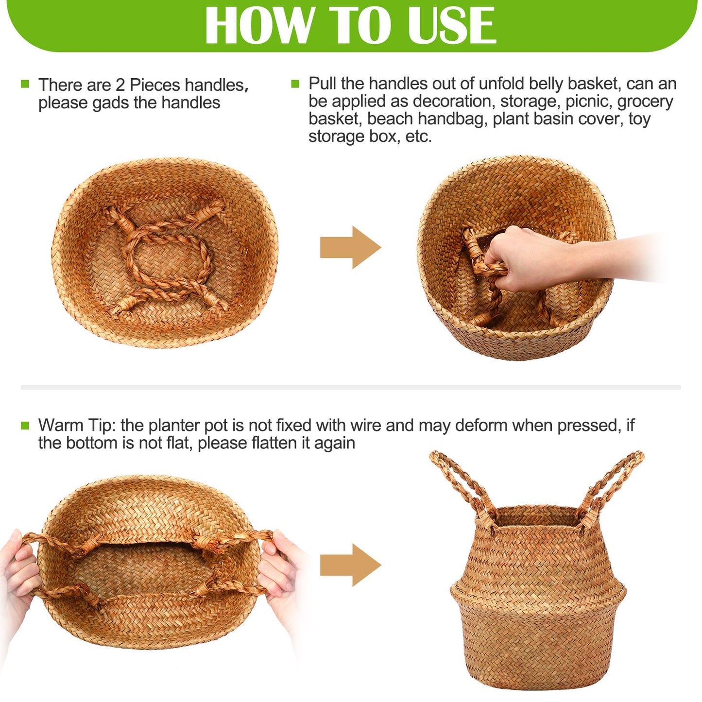 Qunclay 4 Pcs Woven Seagrass Baskets Belly Basket Folding Boho Natural Plant Pot with Handles Round Decorative Wicker Large Indoor Planter for Home Outdoor Tree Planters Decor (S,8.7''dx7.9''h)