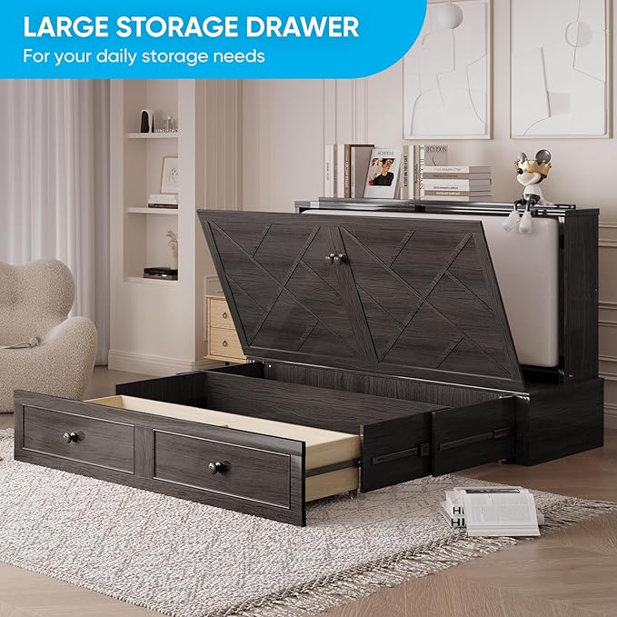 Mjkone Murphy Cabinet Bed Queen Size, Solid Wood Mobile Wall Beds Chest