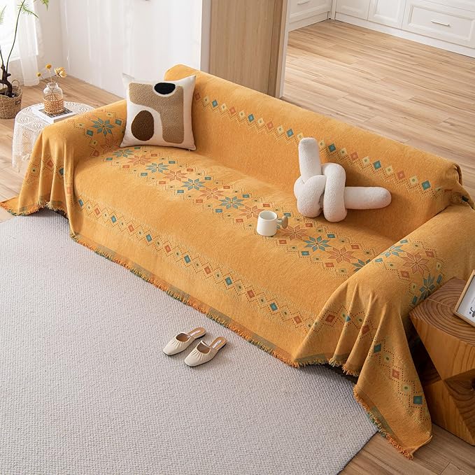 DREAMINGO Orange Boho Sofa Cover Chenille Couch Cover Blanket Vintage Bohemian