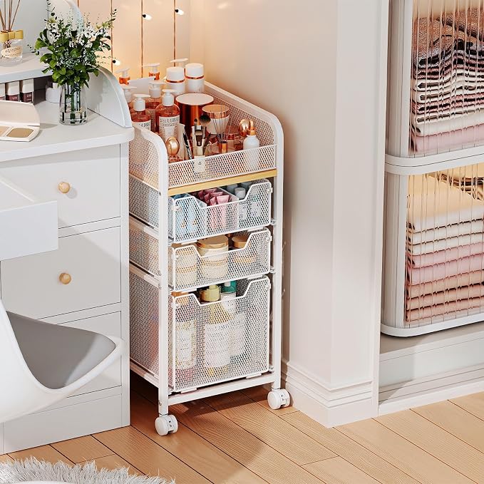 Hongtamoya Rolling Makeup Cart Organizer with 3 Drawers, Narrow Floor Skincare Organizers, Vanity Organizer Cosmetics Display Cases Holder for Skin Care Nail Polish Perfume Makeup Brush, White