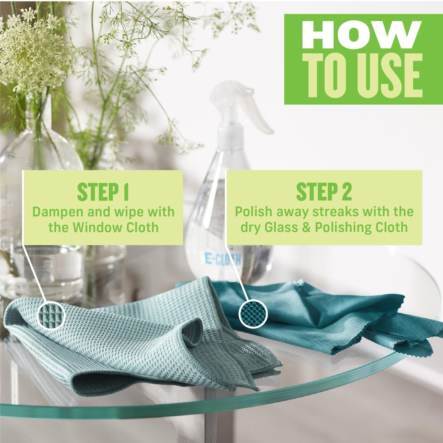 E-Cloth Microfiber Window Cleaning Cloth Kit - Glass Cleaning Cloth for Windows, Mirrors, Cars, Lenses, Eyeglasses, & More, Streak Free Clean, Machine Washable Reusable Towel - Green