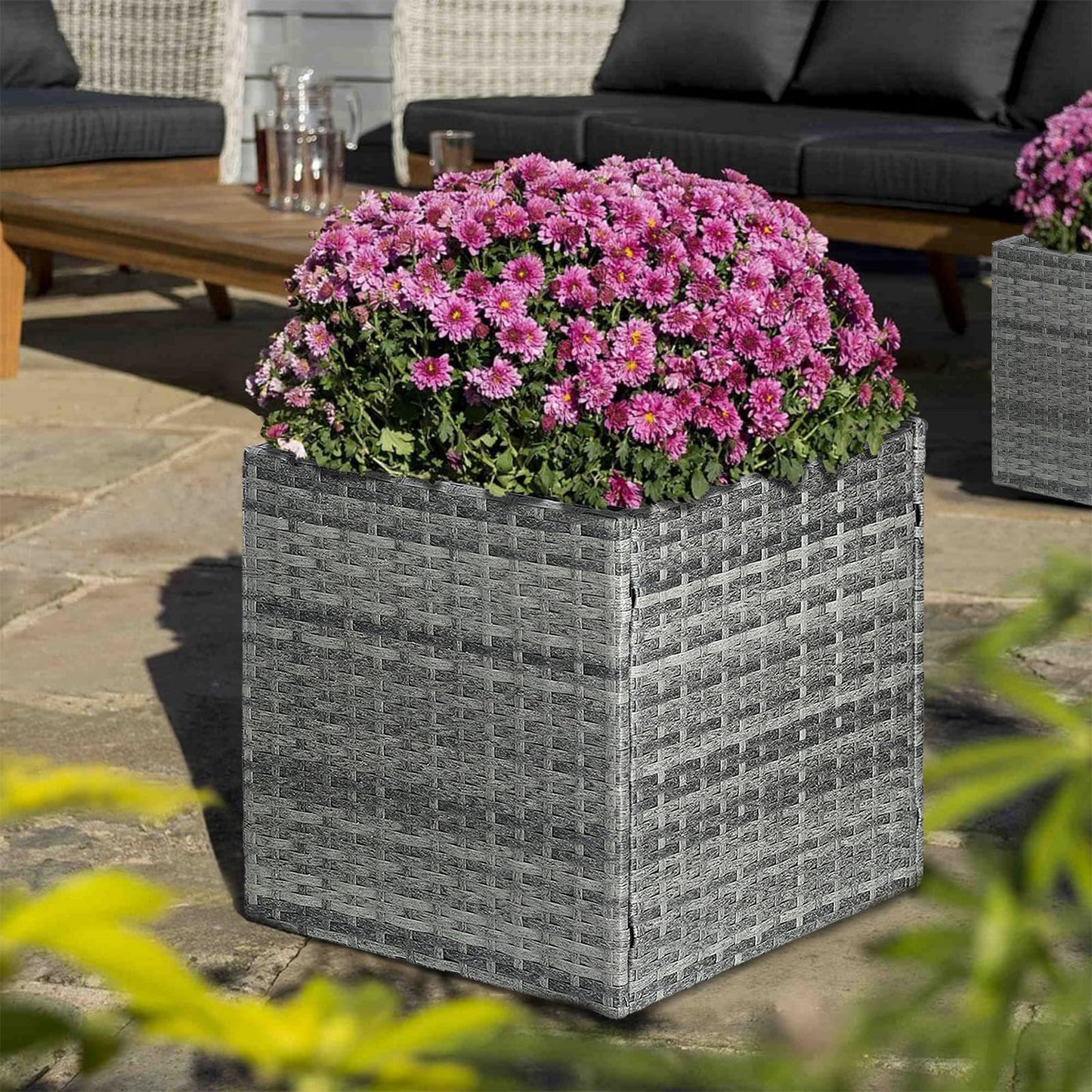 SUNNYPARK Gray Square Planter Box All-Weather PE Rattan Large Modern Planters with Removable Liner Indoor Outdoor Decorative Flower Pot for Patio, Balcony, Garden