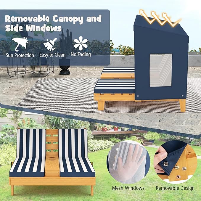 HONEY JOY Kids Chaise Lounge Chair Outdoor, Toddler Wood Double Pool Lounger