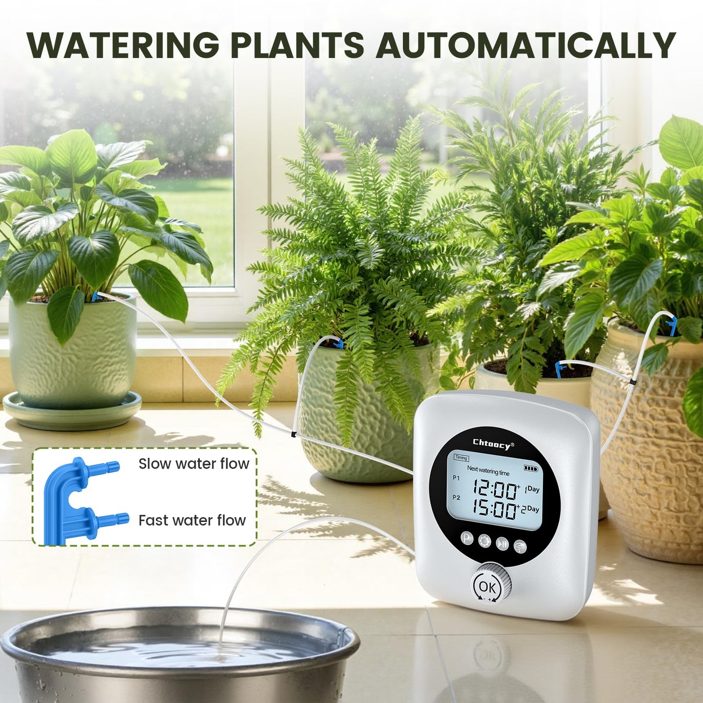 Chtoocy Automatic Plant Waterer for 30 Potted Plants - 98FT Dual Pumps Automatic Watering System, Vacation Self Watering Drip Irrigation System & Plant Watering Device with Programmable Water Timer