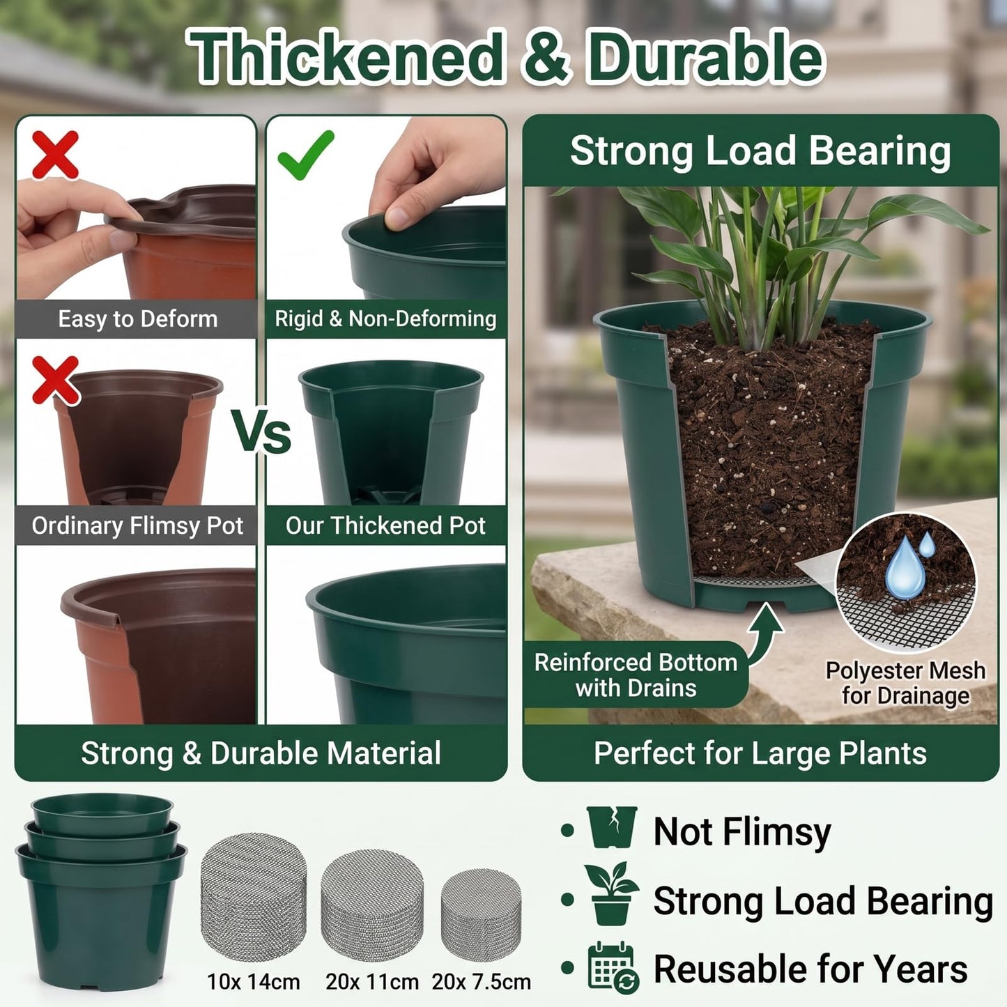 Chumia 50 Set Plastic Nursery Pots with Mesh Pad 4", 6", 8" Grow Sturdy Plastic Plant Pots Drainage Holes for Seed Starting Indoor Outdoor Flower Planter, Green