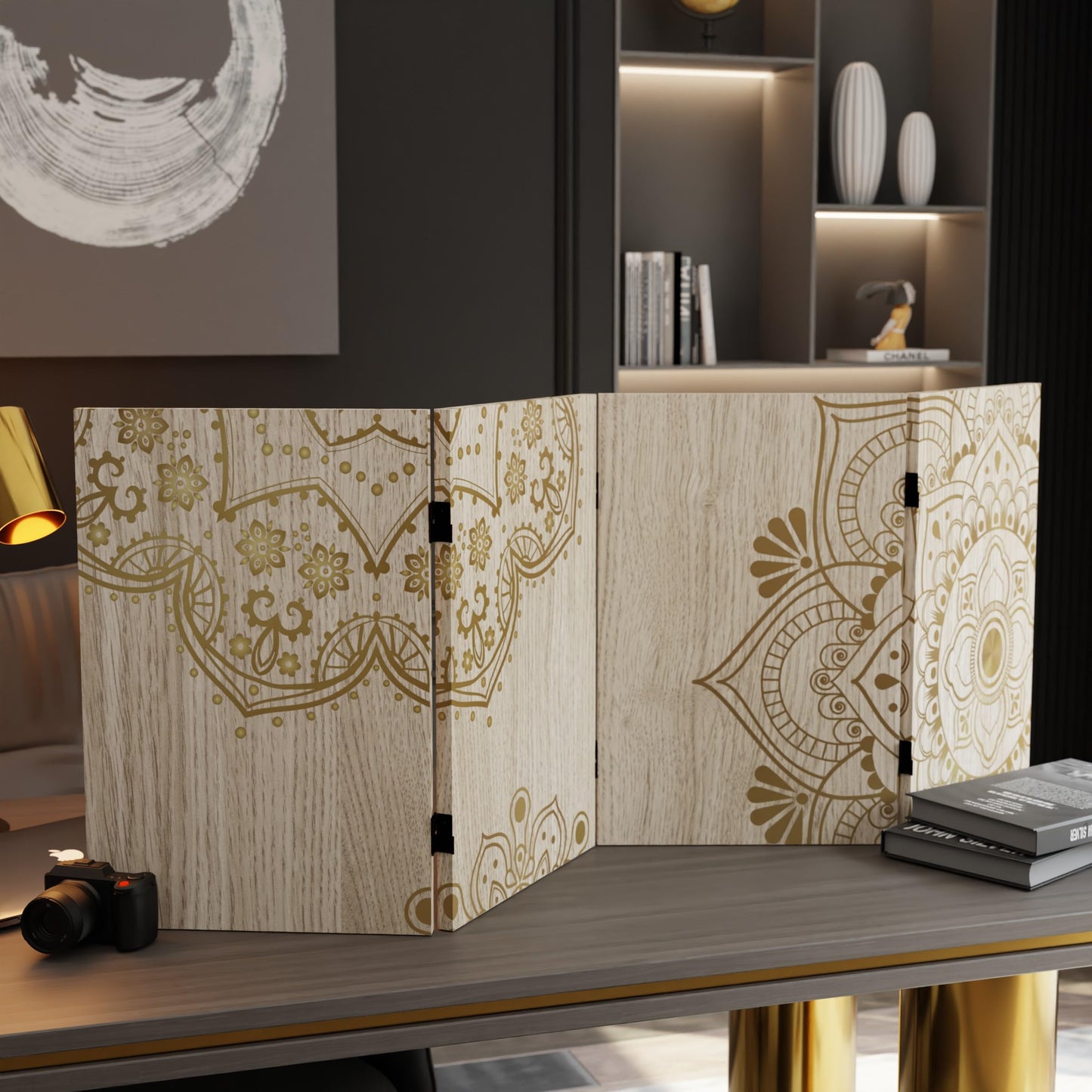 Red Lantern 2 ft. Short Double Sided Mandala on Oak Canvas Folding Screen 4 Panel Freestanding Partition and Separator for Modern and Contemporary Bedroom, Home Office, Studio, Dorm, Apartment
